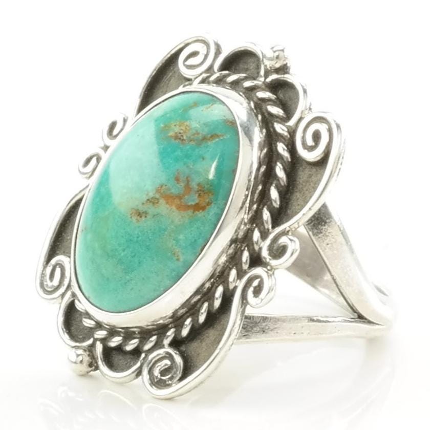 Vintage Southwest Silver Ring Turquoise Scroll Detail Sterling Blue Size 8 1/4