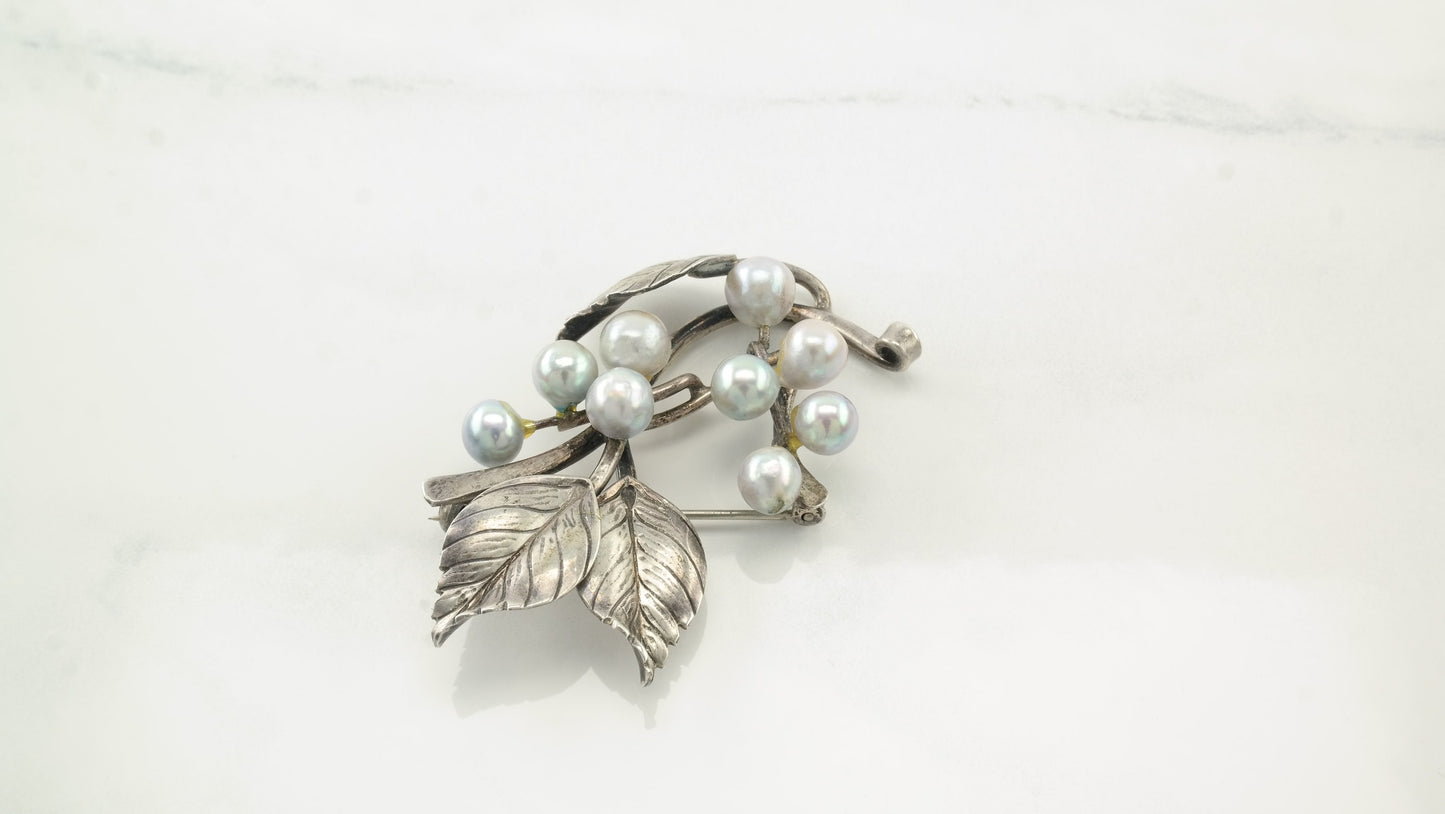 Ming's Pearl Floral Brooch Sterling Silver Leaf B1465