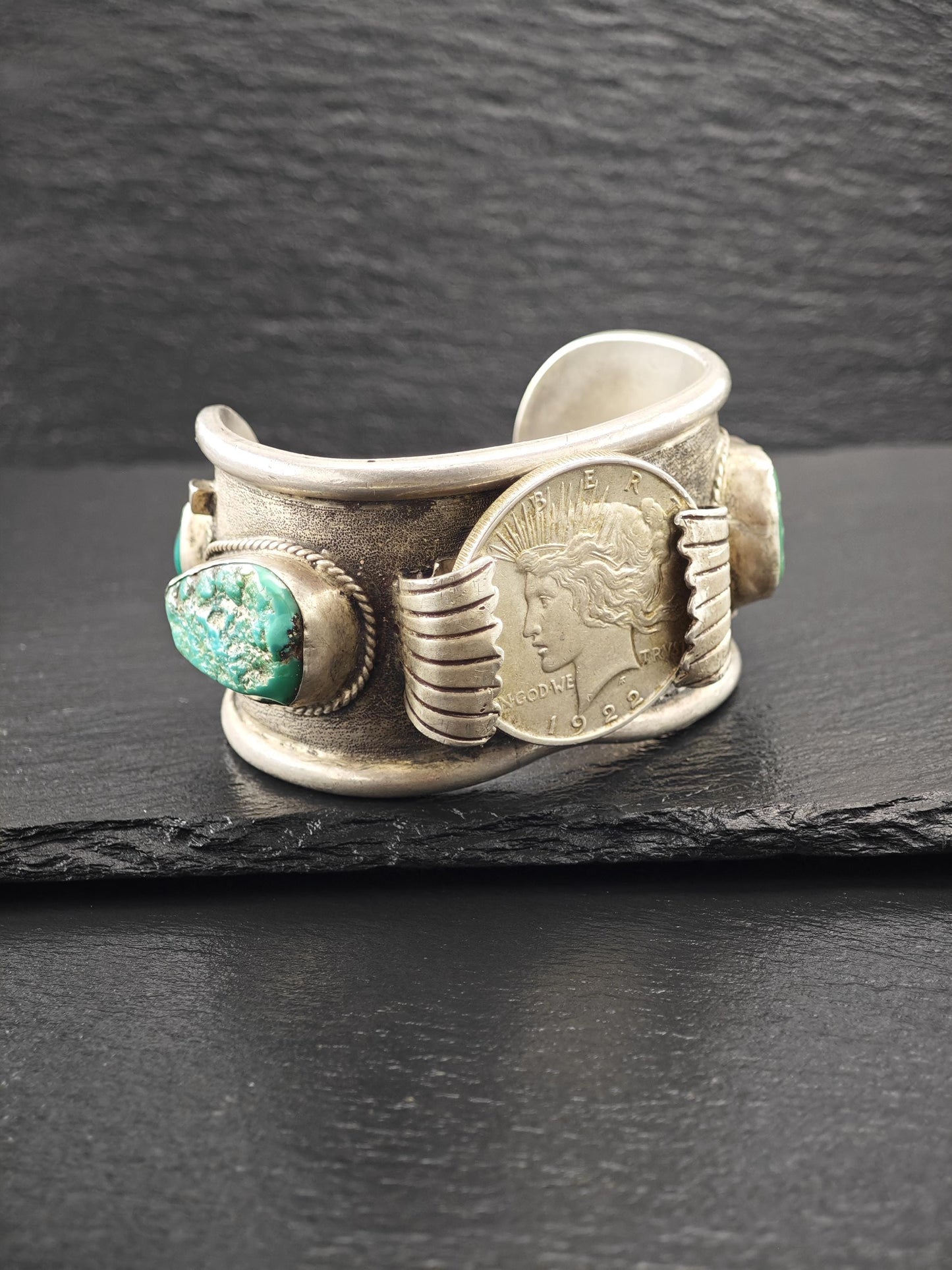 Native American, Turquoise, Coin Cuff Bracelet Sterling Silver