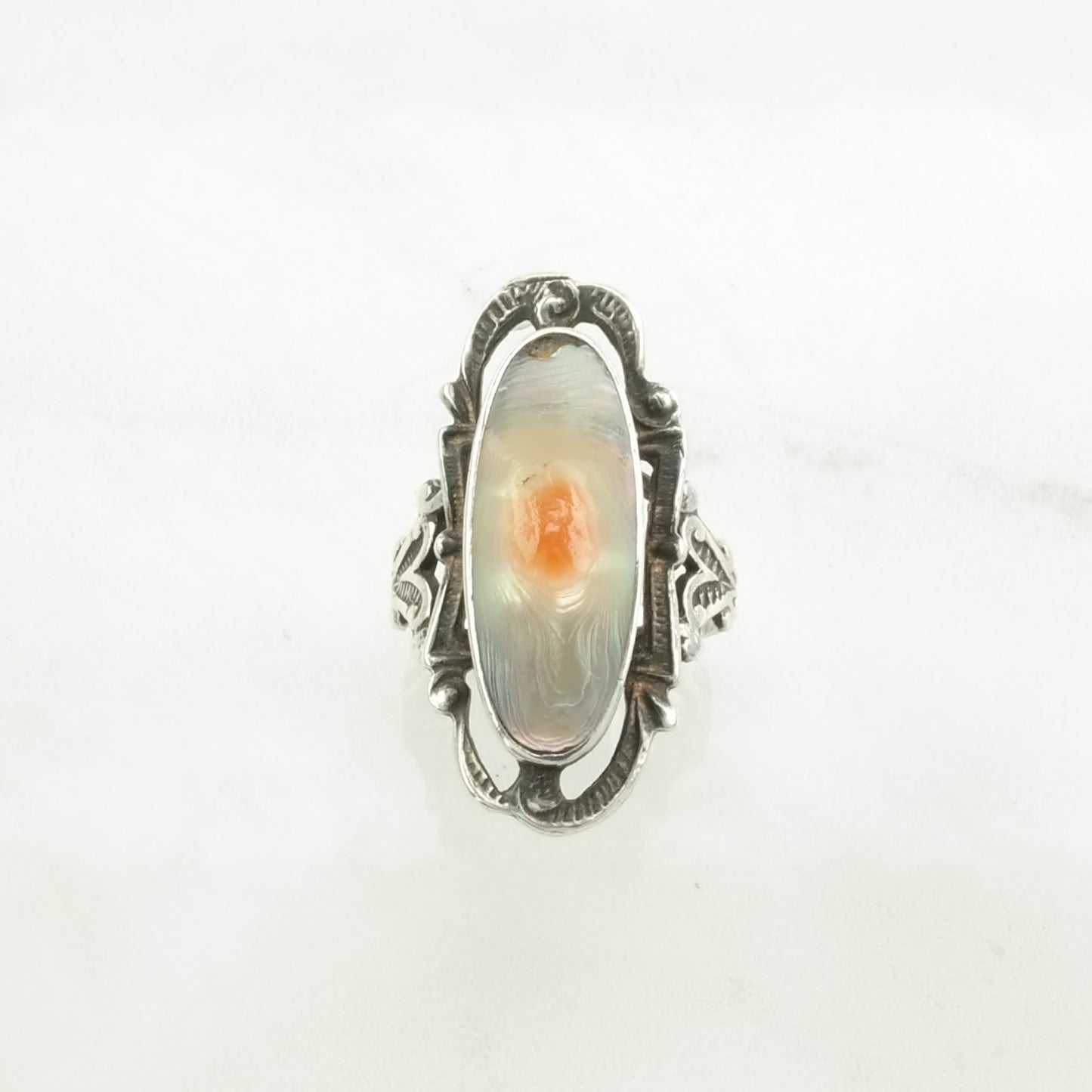 Art Deco Silver Ring Blister Pearl Navette Sterling Size 6