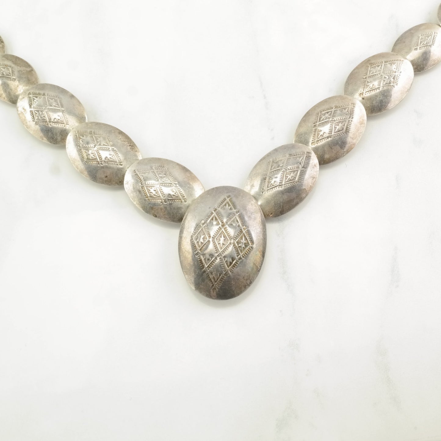 Vintage Native American Sterling Silver Flat Beads Stamped Necklace