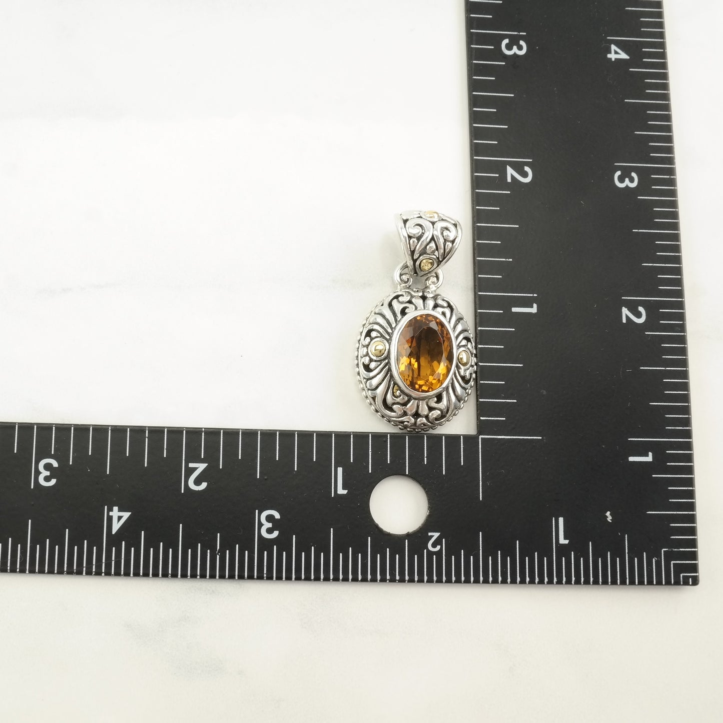 Vintage Citrine, 18K Gold Accent Ornate Sterling Silver Pendant