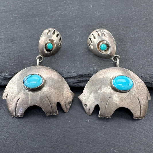 Native American, Turquoise Bear Stud/Dangle Earrings Sterling Silver
