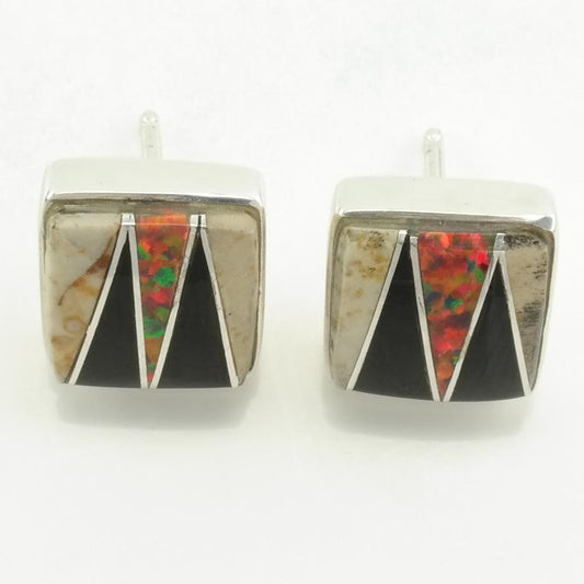 Sterling Silver Black Onyx, Lab Opal, Stone Inlay Earrings Stud