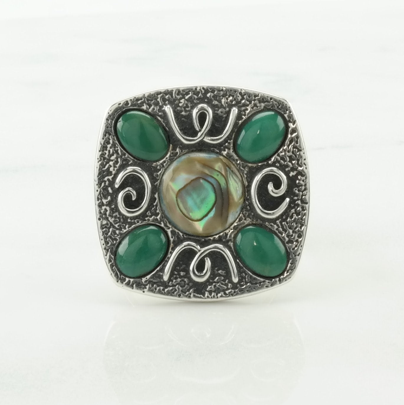 Vintage Carolyn Pollack Silver Ring Abalone, Turquoise Scroll Sterling Green Size 9