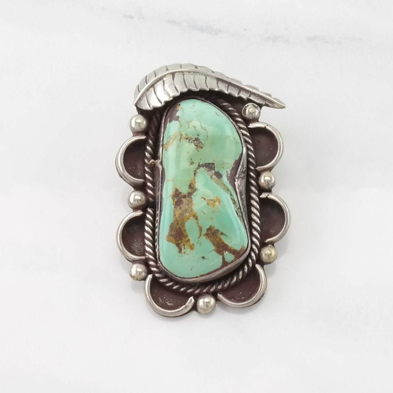 Vintage Native American Turquoise Leaf Sterling Silver Pendant