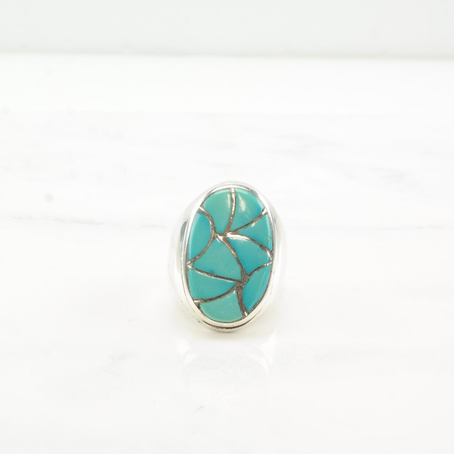 Vintage Zuni Silver Ring Fishscale Inlay Sterling Size 10