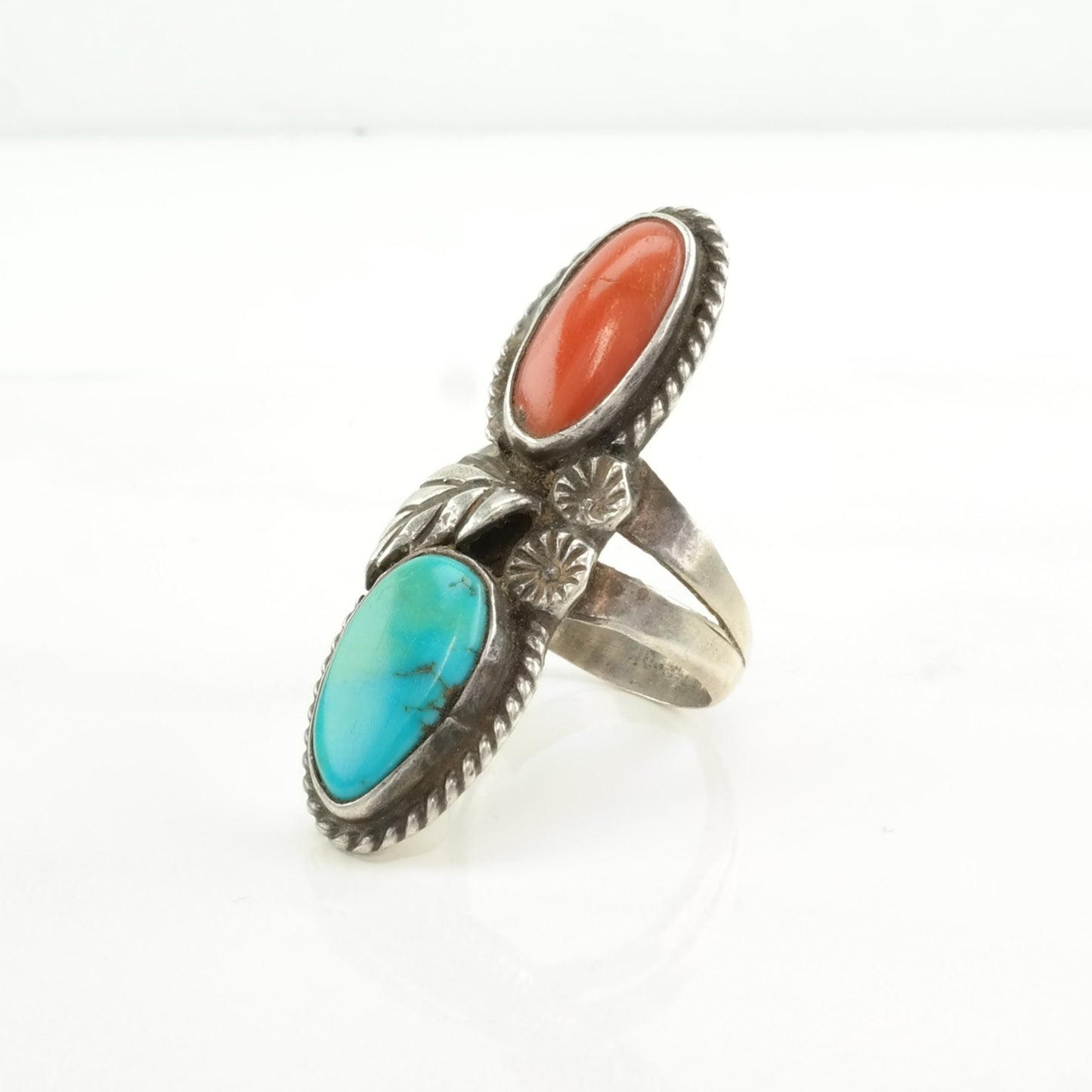 Native Silver Ring Turquoise, Coral Floral Sterling Blue, Red Sz9 1/2 R4943