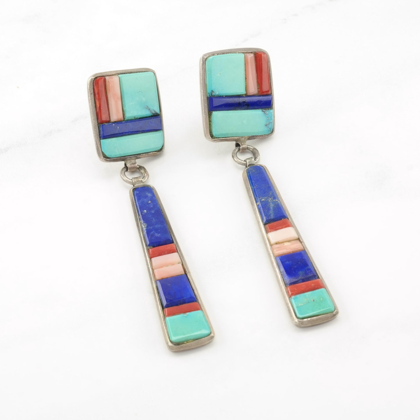 Vintage Signed, Native American Sterling Silver Pierced Dangle Earrings