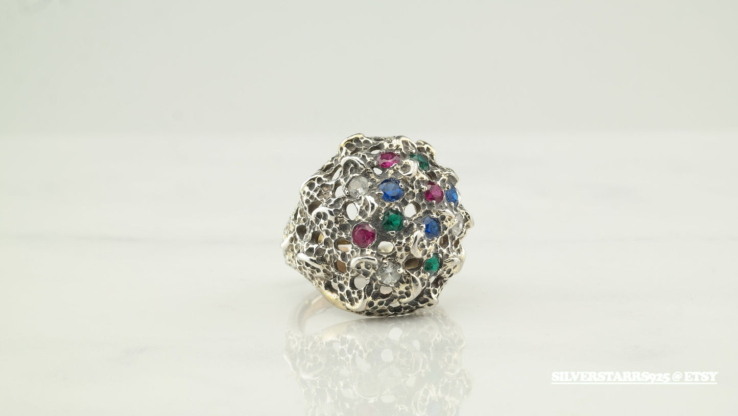 Vintage Dome Silver Ring Ruby, Topaz, Sapphire Sterling Size 7
