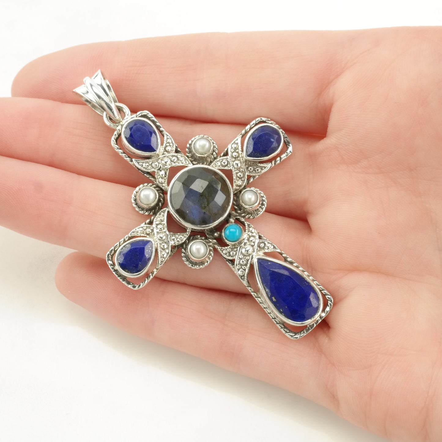 Vintage Nicky Butler Labradorite, Lapis Lazuli Turquoise, Pearl Sterling Silver Pendant