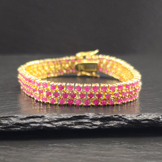 Gold Plated Lead Glass Filled Ruby Three Row Line Bracelet Sterling Silver