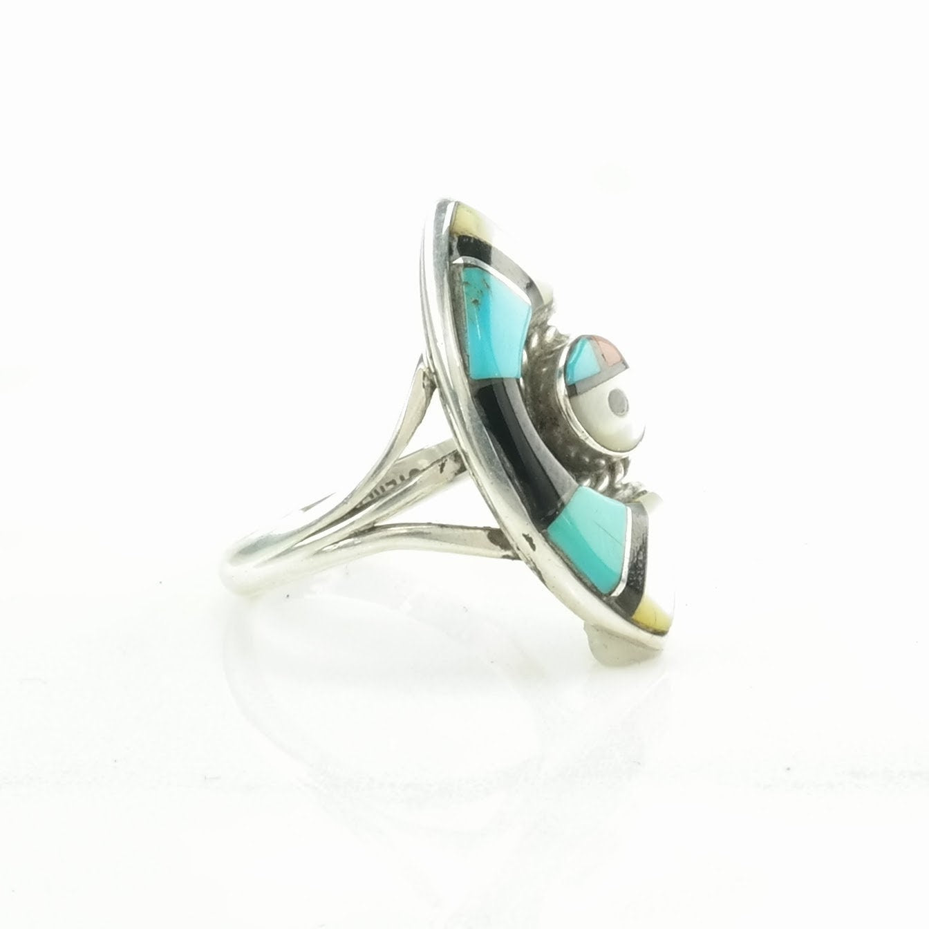 Vintage Zuni Silver Ring Turquoise, Onyx, MOP Inlay Sterling Size 7 1/2