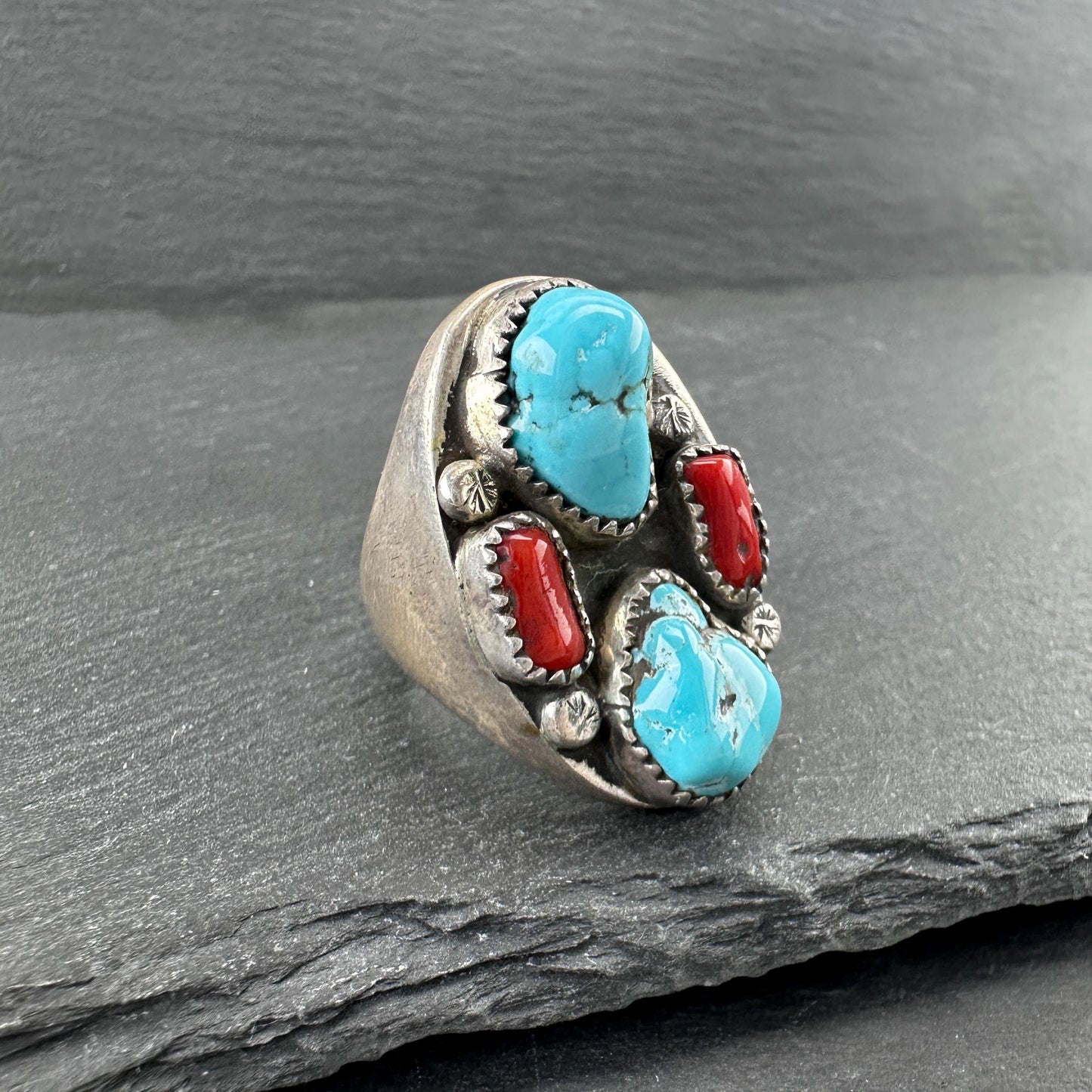 Native American, Coral, Turquoise Ring Sterling Silver