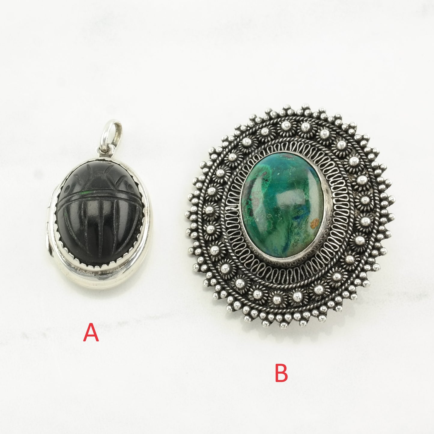 Vintage Choice of Carved Jet, Chrysocolla Sterling Silver Pendant