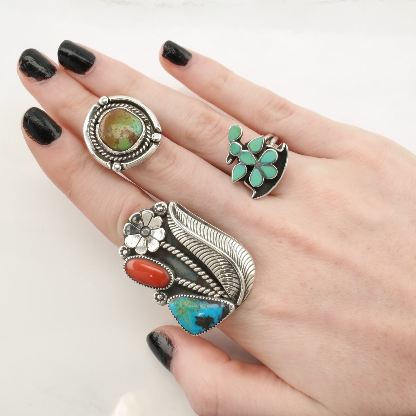 Vintage Native American Silver Ring Turquoise Inlay, Bird Sterling Blue Size 6 1/2