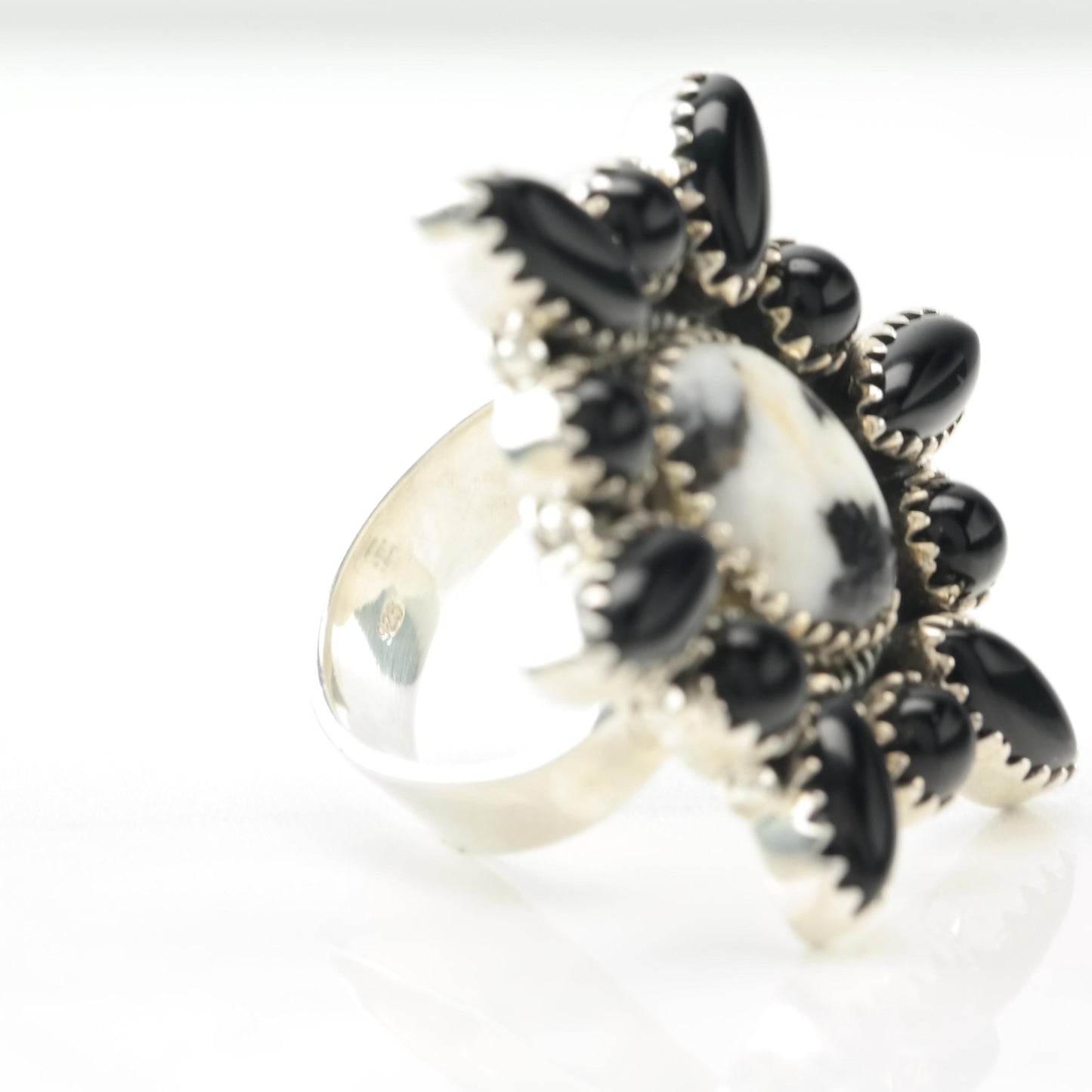 Vintage Sterling Silver Ring Onyx, Agate Large Black, white Size Adjustable