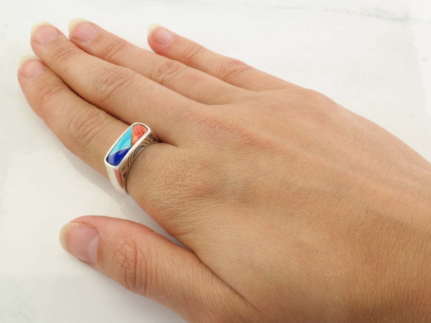 Vintage Carolyn Pollack Ring Spiny Oyster, Turquoise, Lapis Lazuli Inlay Sterling Silver Size 6 1/4