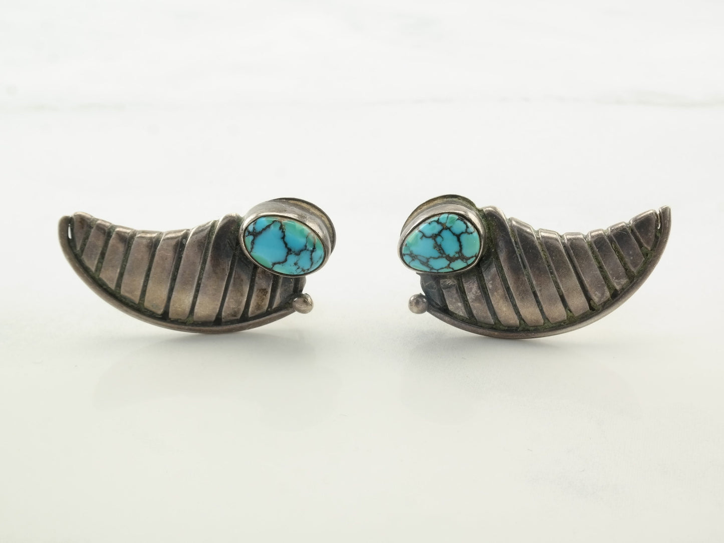 Native American Spiderweb Turquoise Claw Design Sterling Silver Earrings Screwback