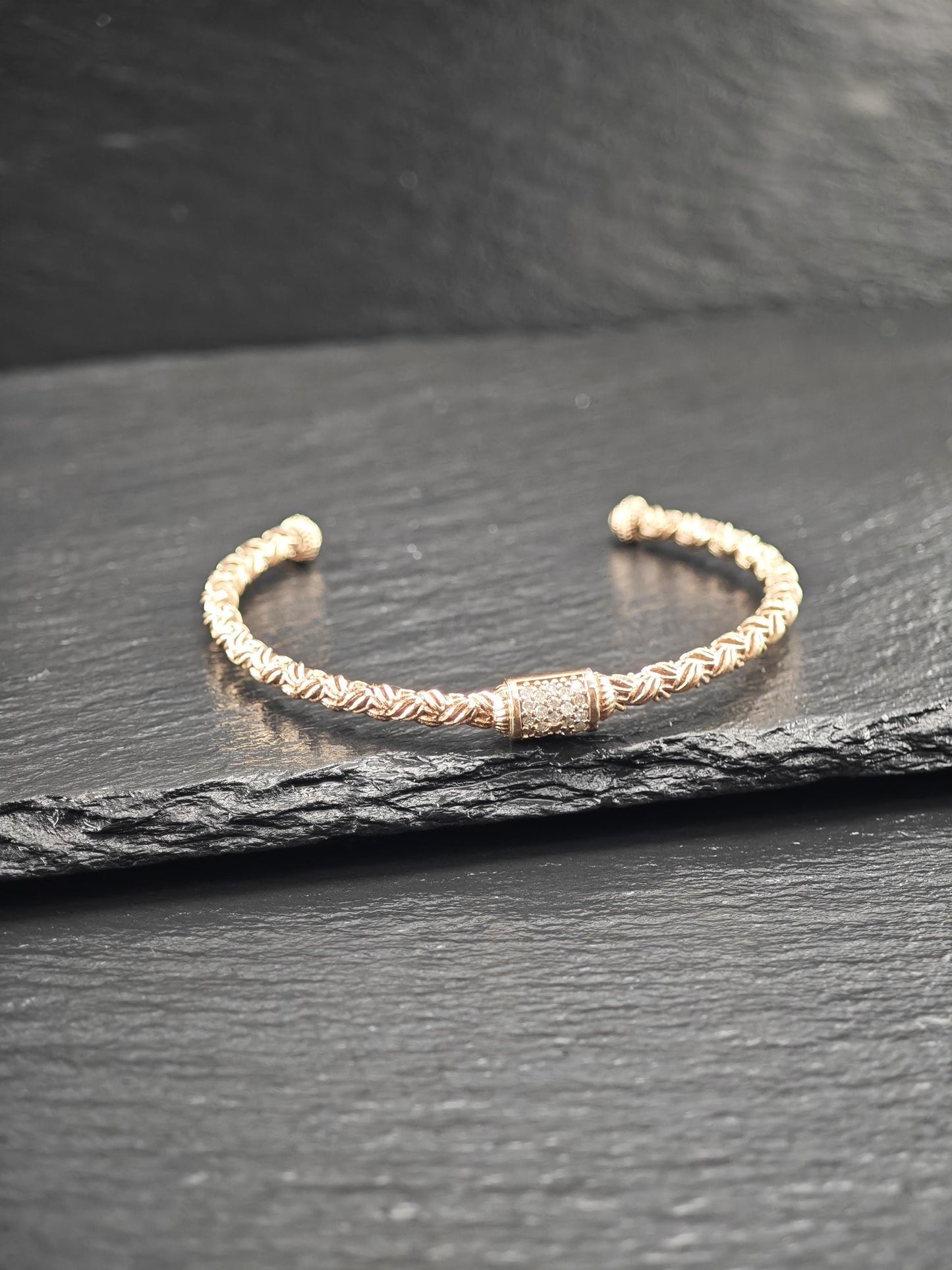 Rose Gold Plate Diamond Woven Cuff Bracelet Sterling Silver