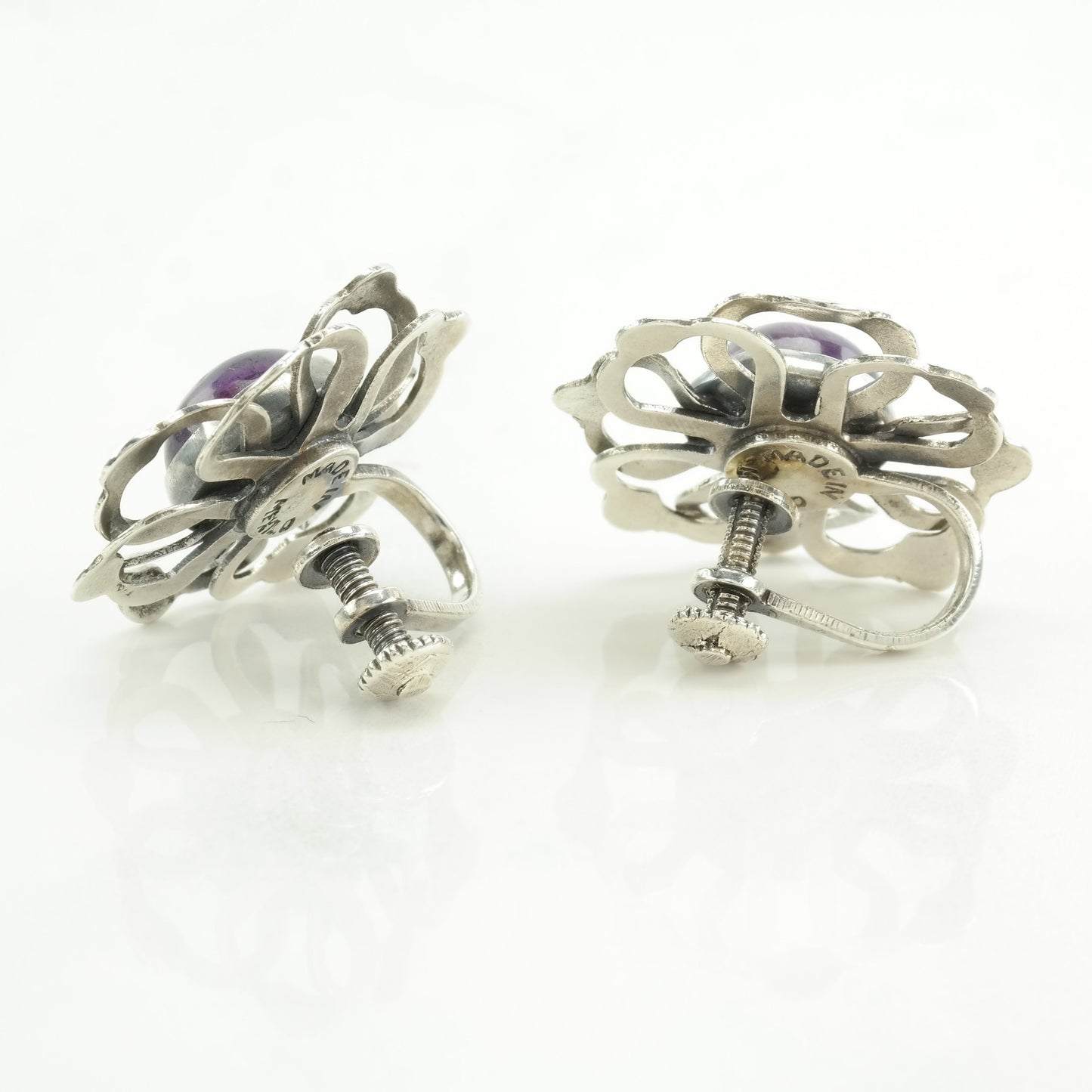 Taxco Style Sterling Silver Amethyst Floral Earrings Screw back