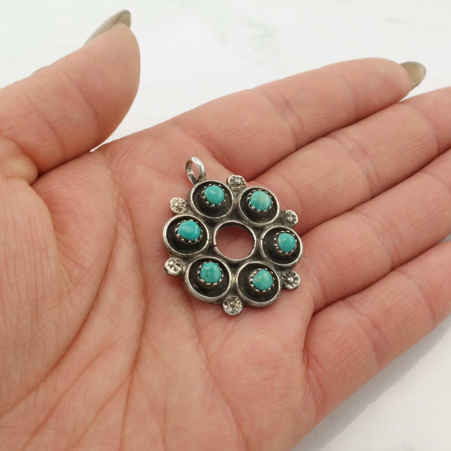 Vintage Native American Turquoise Pendant Floral Sterling Silver
