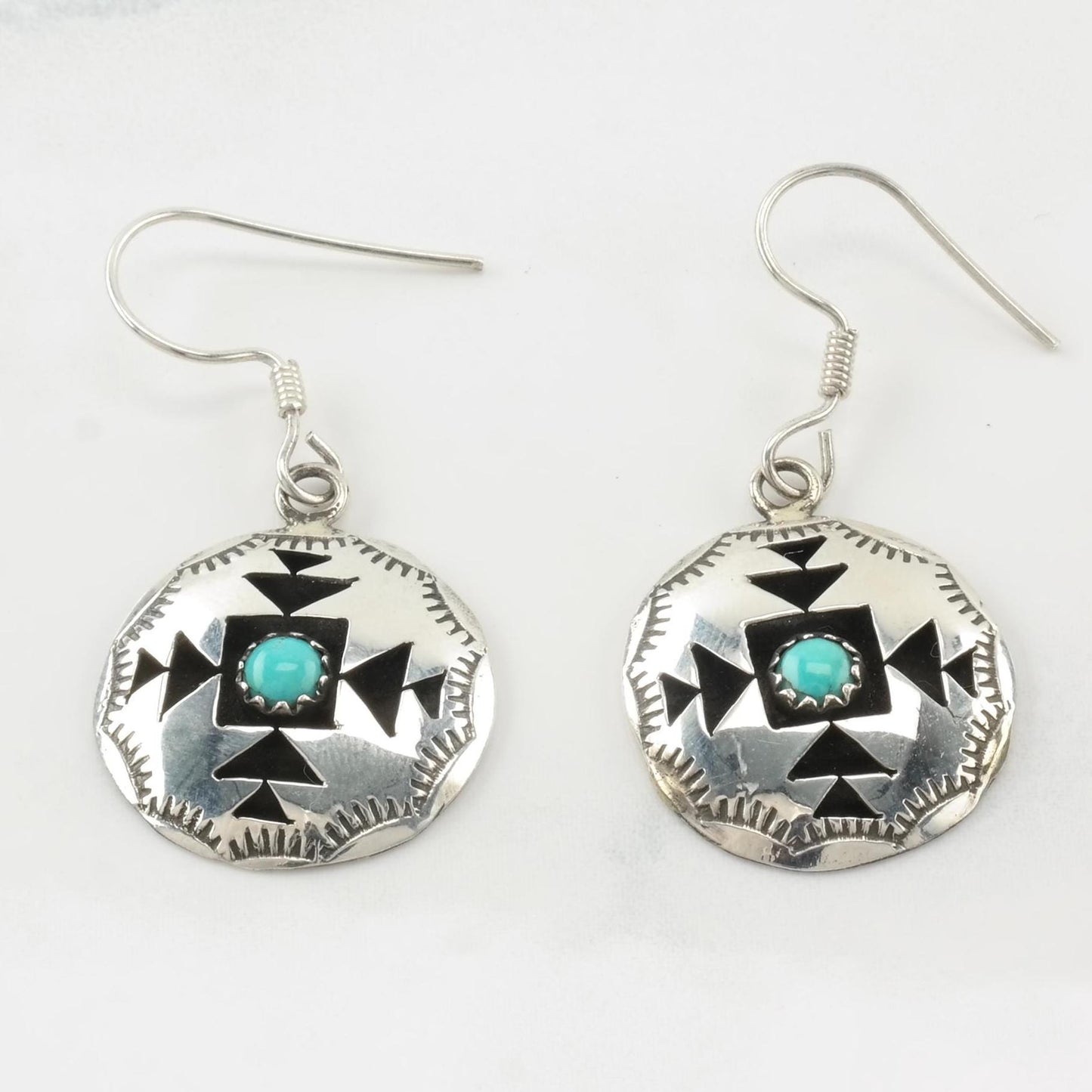 Vintage Native American Turquoise Stamped Sterling Silver Fish Hook Earrings