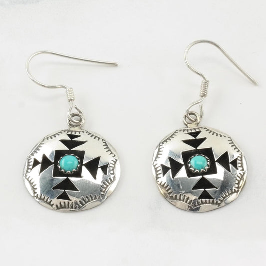 Vintage Native American Turquoise Stamped Sterling Silver Fish Hook Earrings