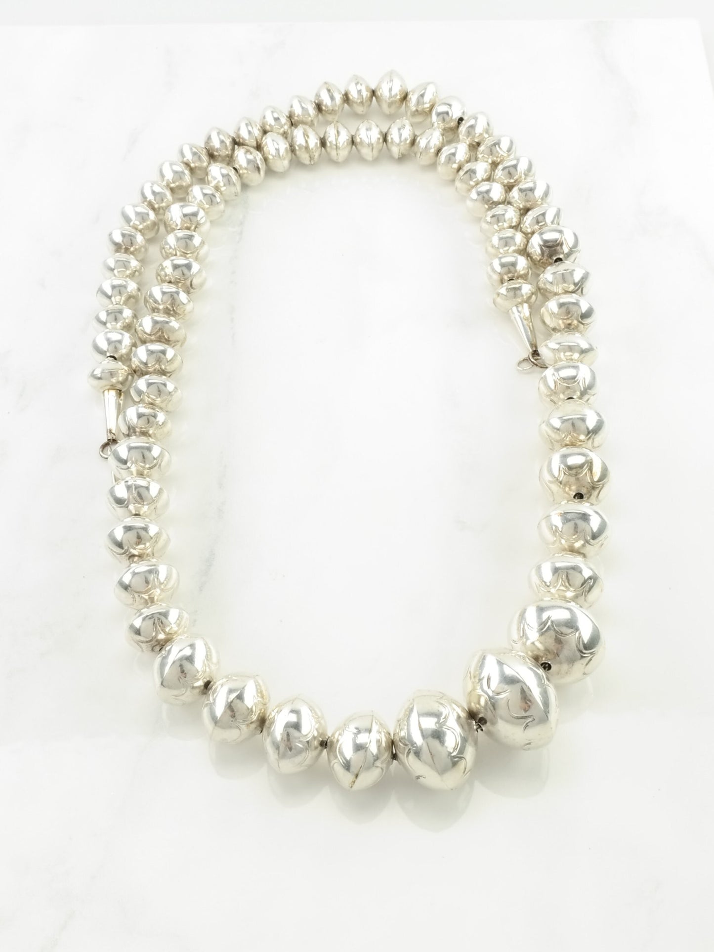 Vintage Native American Sterling Silver Hand Stamped Navajo Pearls Graduating Bead Necklace