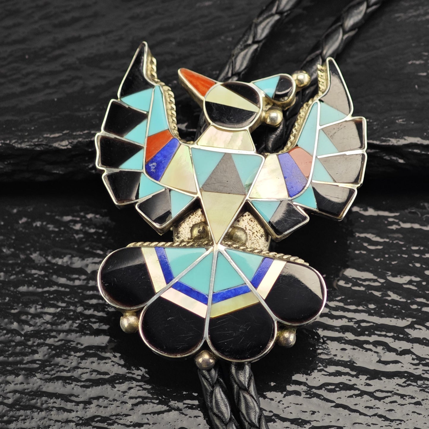 Vintage Native American Sterling Silver, Inlay Thunderbird Bolo Tie Necklace N2744