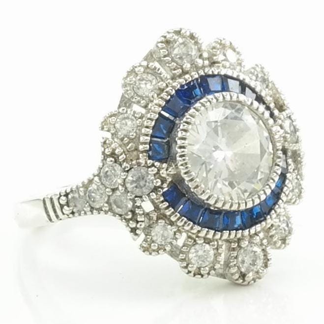Vintage Art Deco Style Silver Ring CZ Created Sapphires Sterling Blue Size 6 1/4