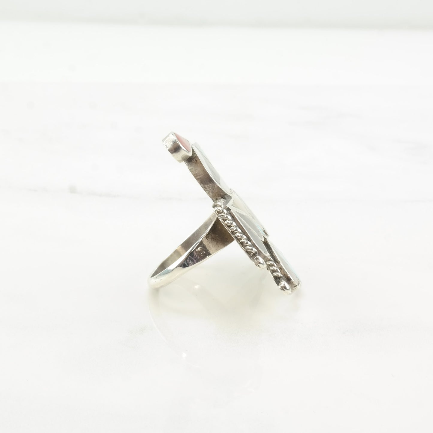 Vintage Zuni Sterling Silver Thunderbird Ring with Multi-Stone Inlay, Size 7, Attributed to Bobby Shack