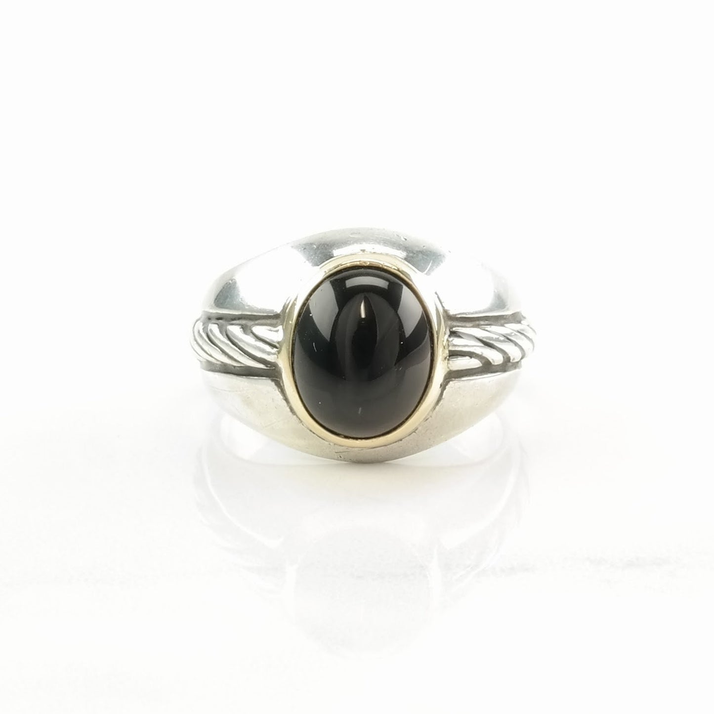 Vintage FM Silver Ring Onyx 14K Gold Bezel Sterling Black Size 10