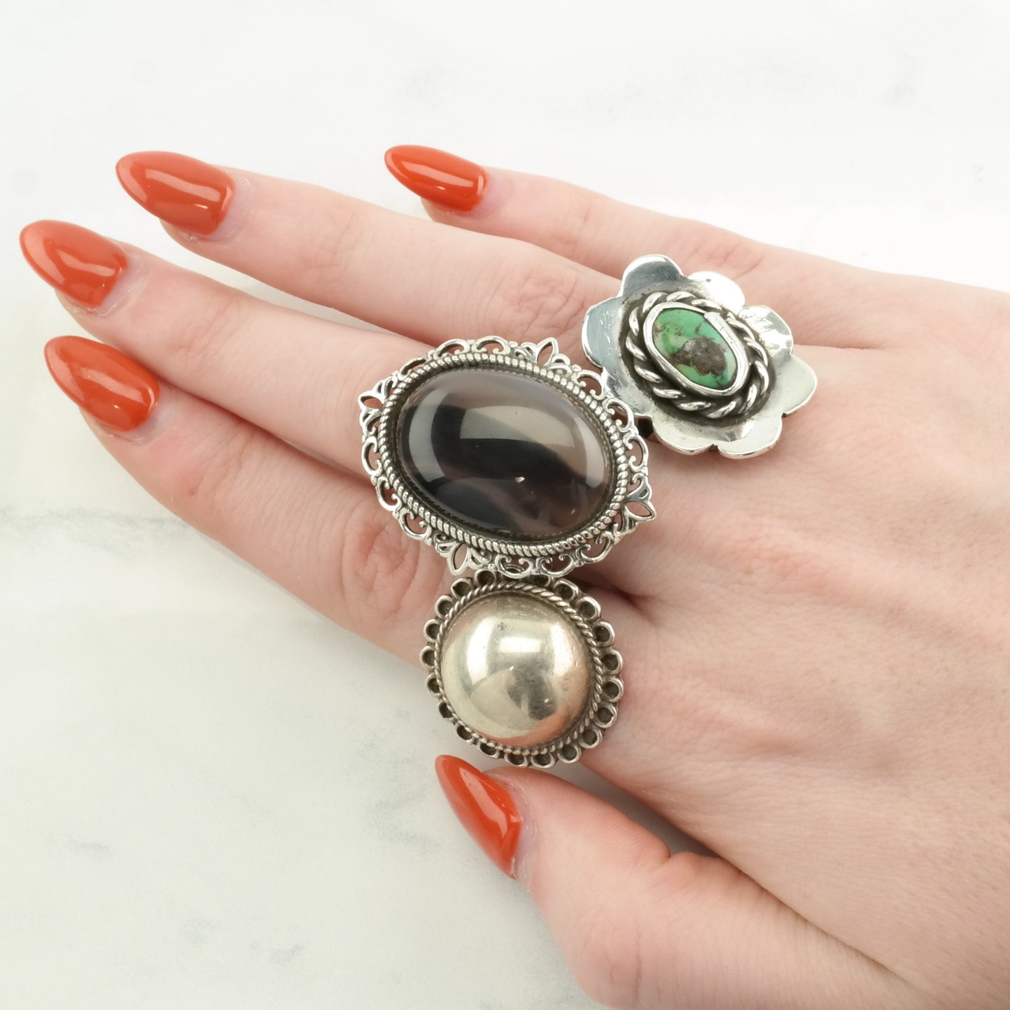 Vintage Sterling Silver Ring Agate Black, White Size 7