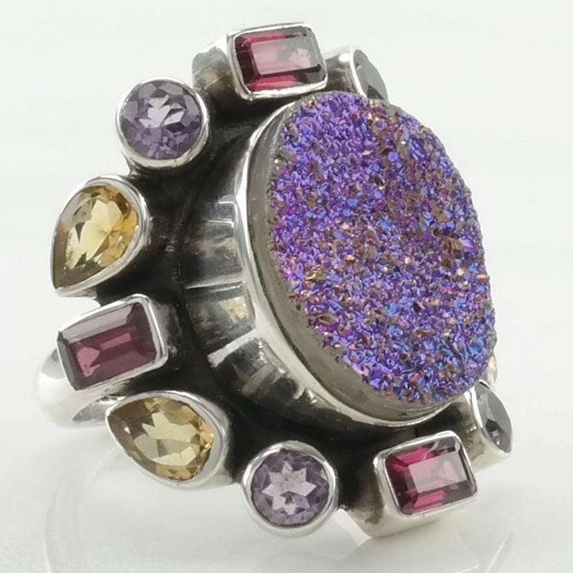 Vintage Nicky Butler Silver Ring Quartz, Garnet, Amethyst, Citrine Cluster Sterling Size 7