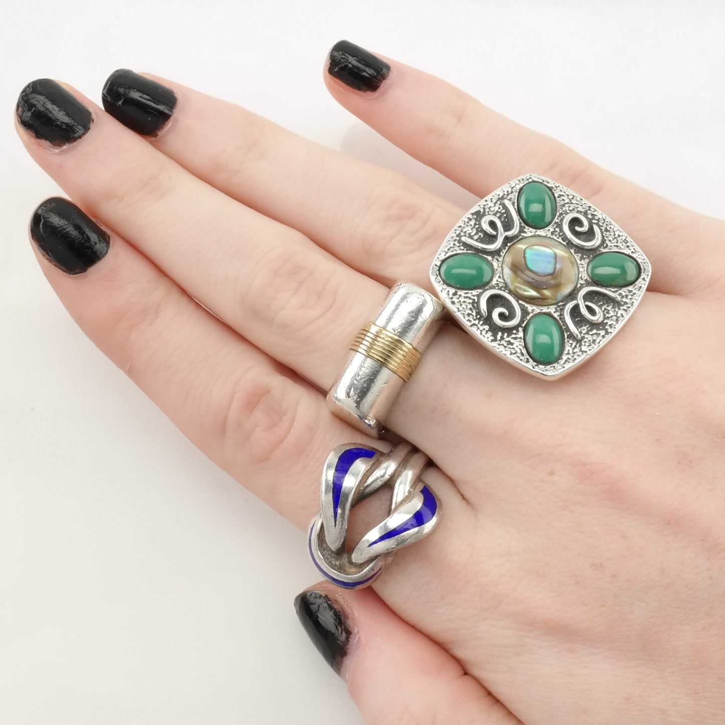Vintage Carolyn Pollack Silver Ring Abalone, Turquoise Scroll Sterling Green Size 9