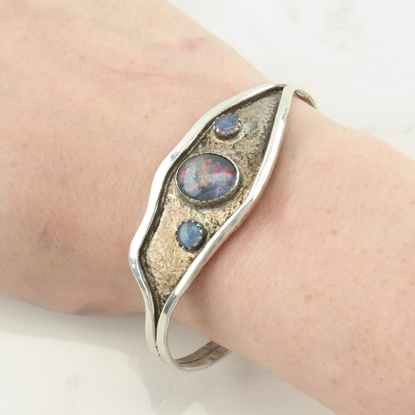 Vintage Sterling Silver Cuff Bracelet Purple Black Opal Triplet