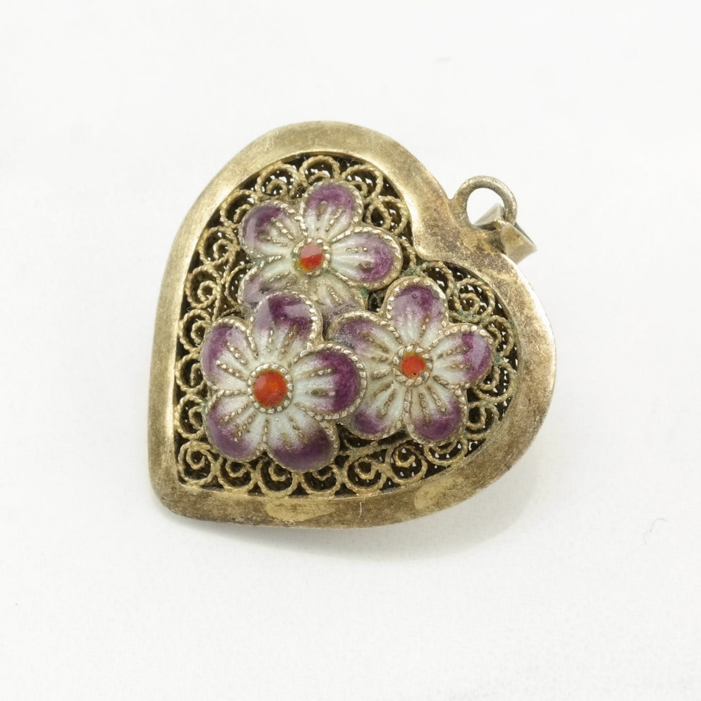 Vintage Enamel, Gemstone Inlay Heart Sterling Silver Pendant