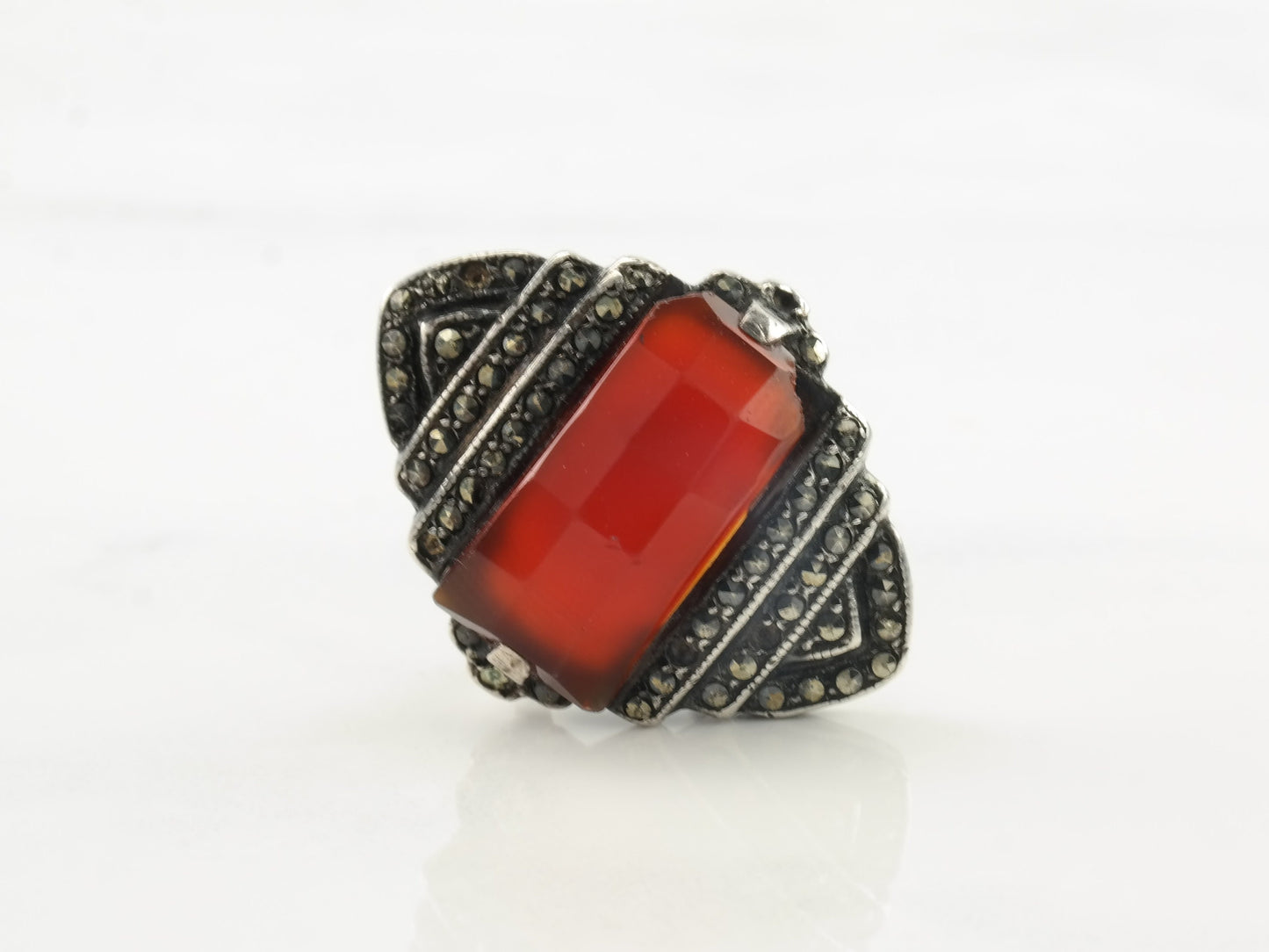 Antique Art Deco Silver Ring Carnelian Marcasite Sterling Size 3