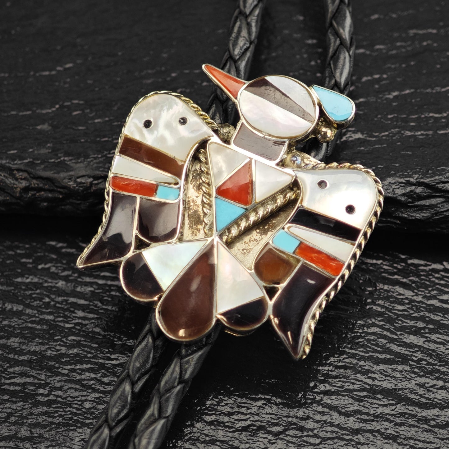 Vintage Native American Sterling Silver, Inlay Thunderbird Bolo Tie Necklace N2743