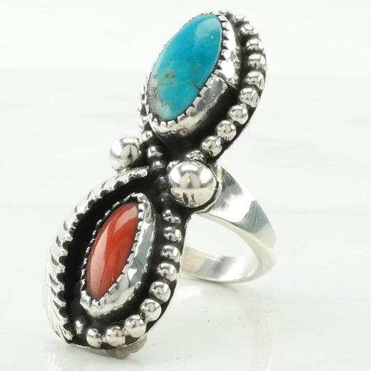 Vintage Native American Silver Ring Turquoise, Coral Leaf Sterling Size 5 1/2