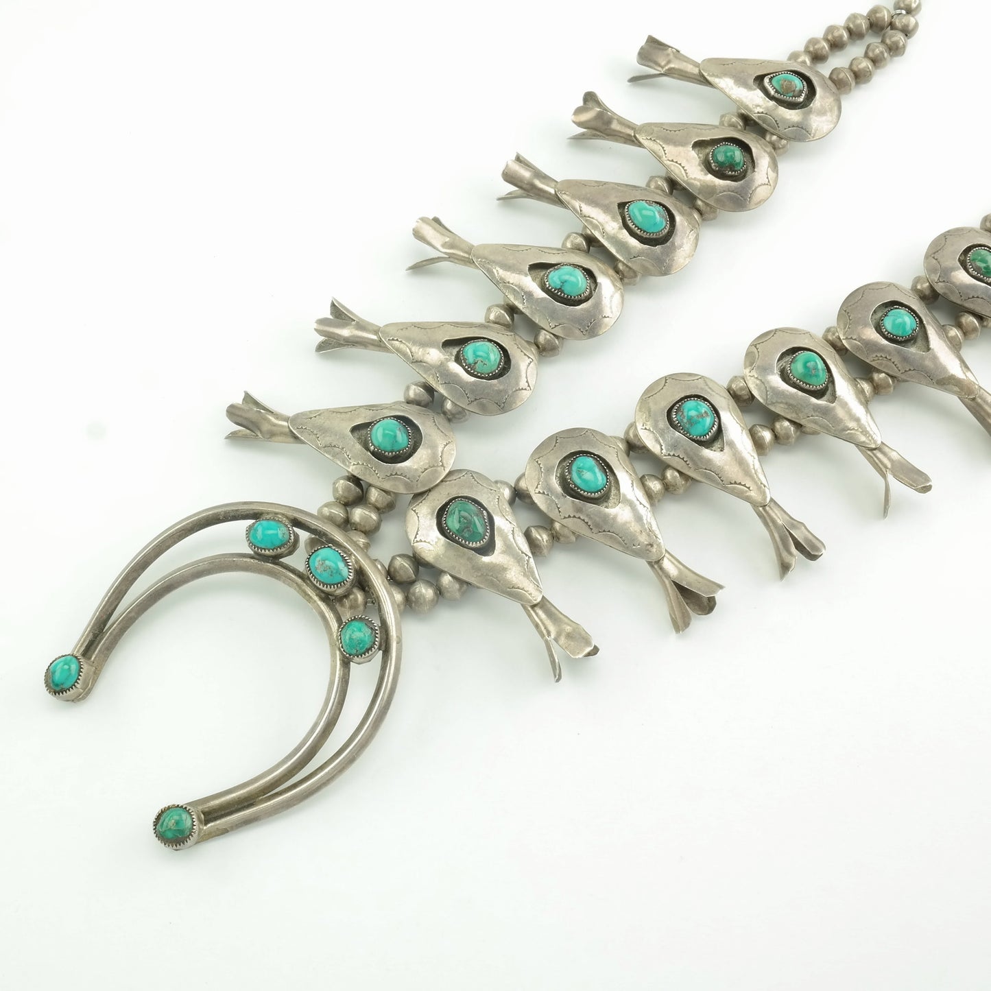 Vintage Native American Sterling Silver Turquoise Shadowbox, Stamped Necklace Squash Blossom