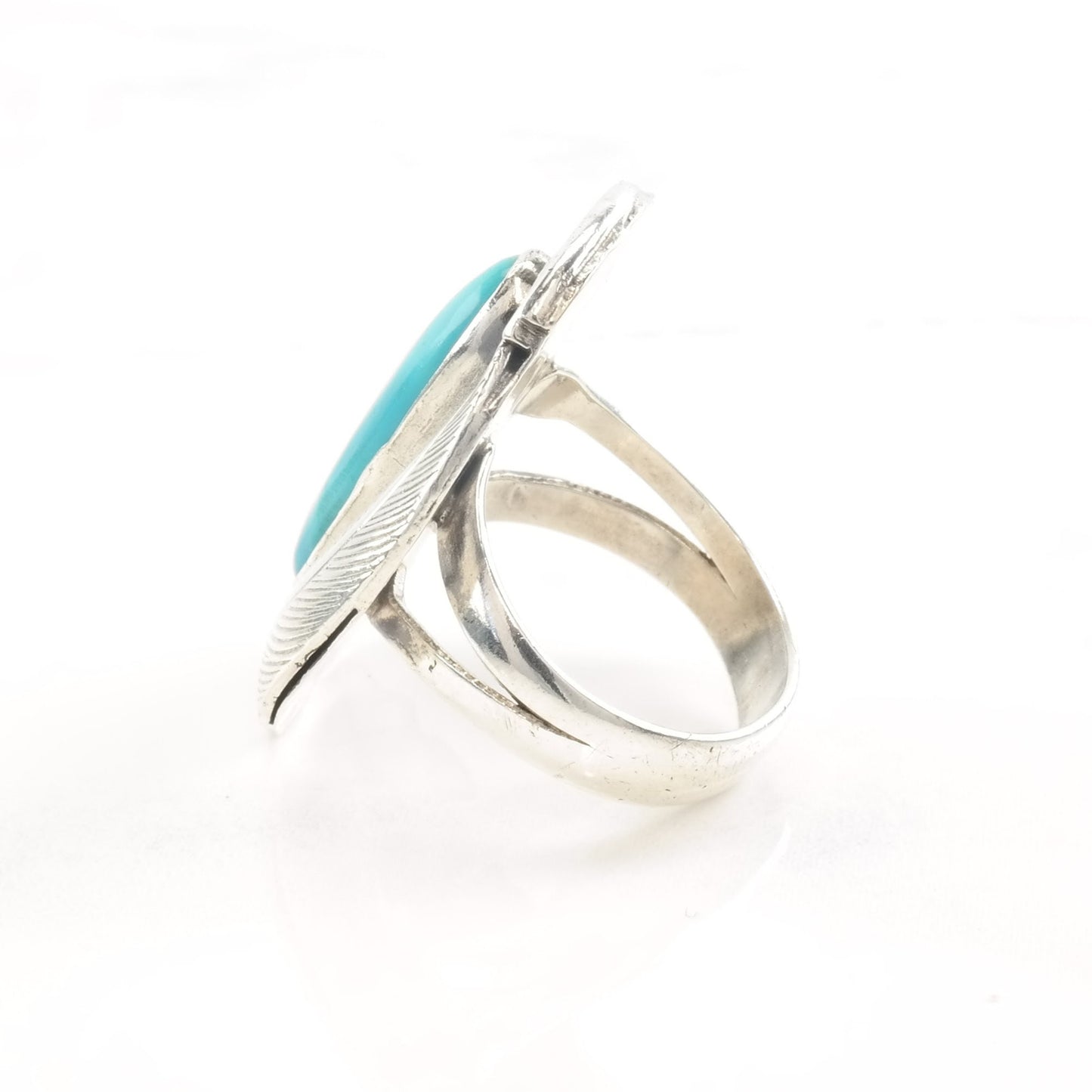 Vintage Native American Silver Ring Turquoise Feather Size 7 1/4