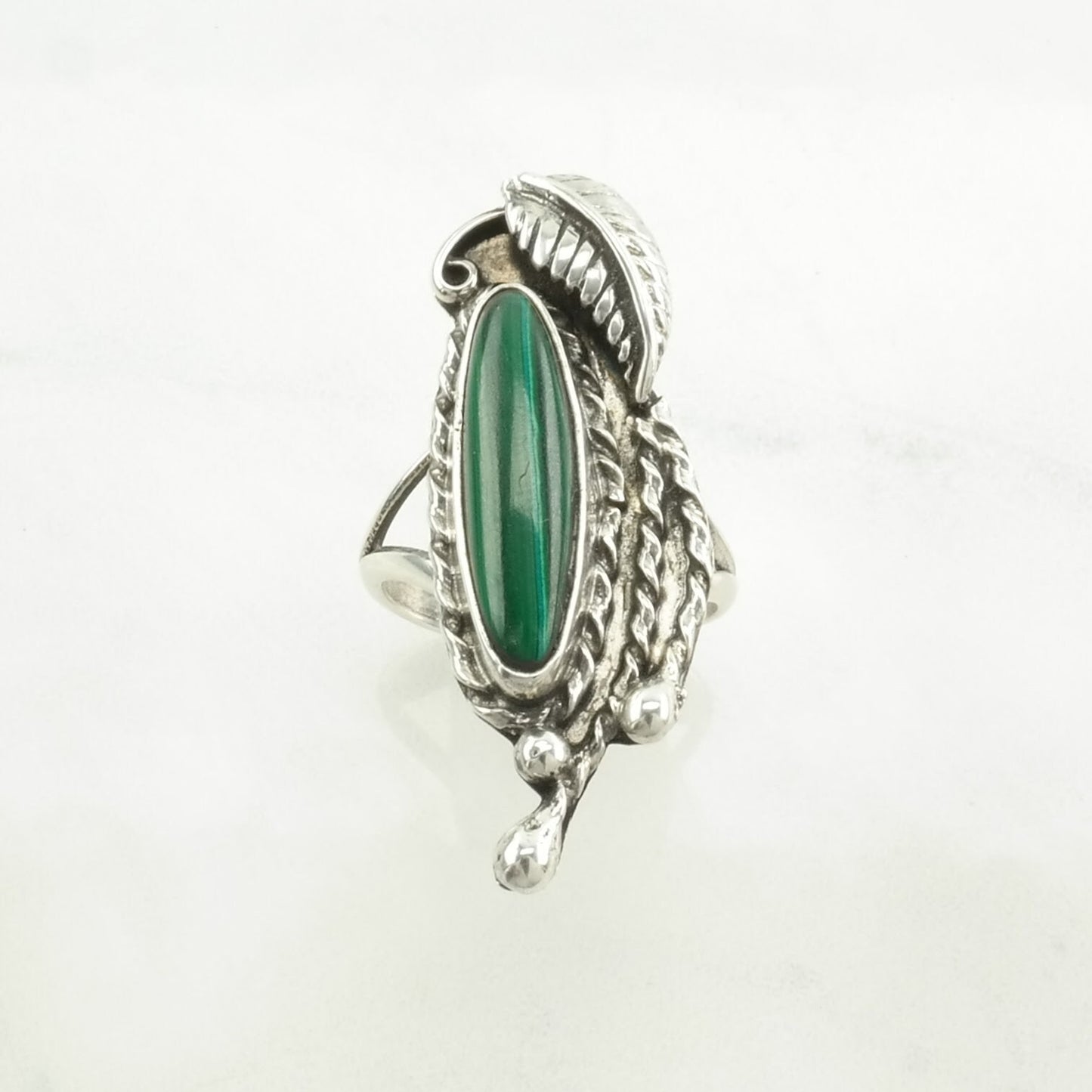 Vintage Southwest Silver Ring Malachite Leaf, Navette Sterling Green Size 6 3/4