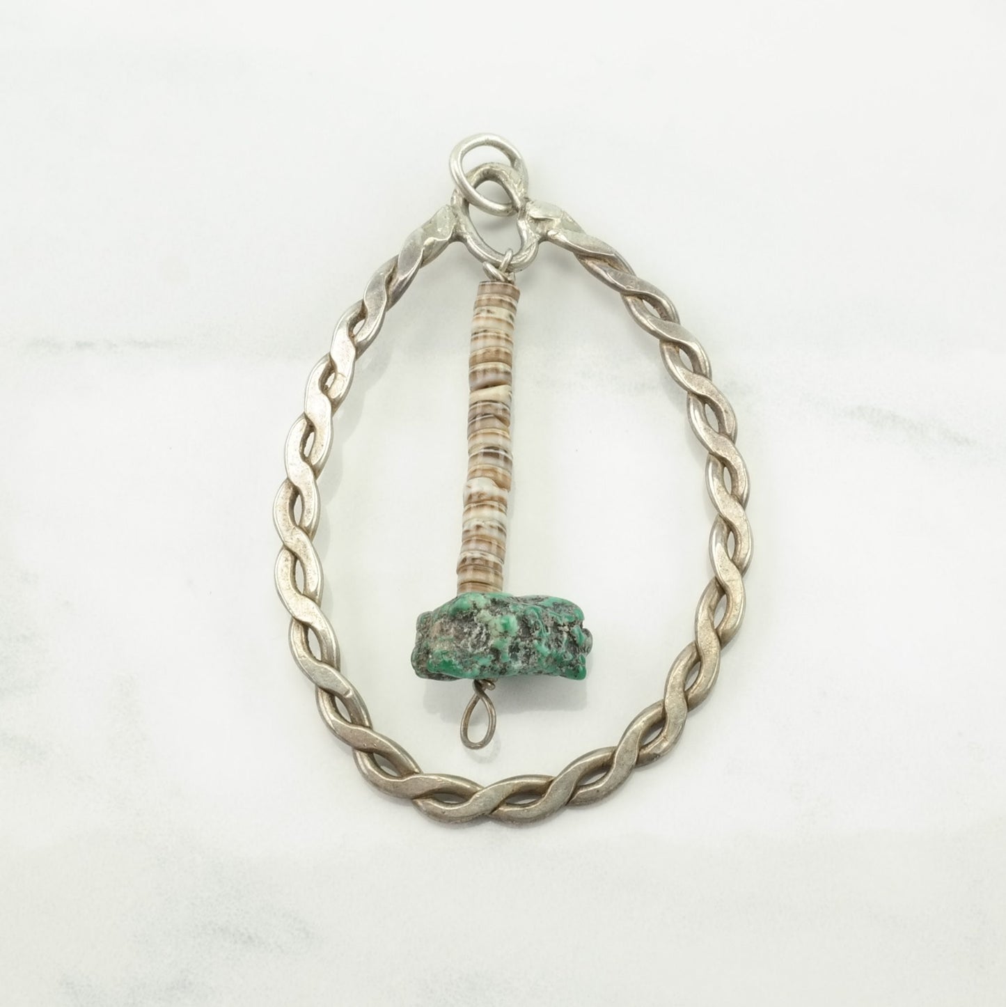 Vintage Native American Turquoise, Heishi Dangling Tomahawk Sterling Silver Pendant