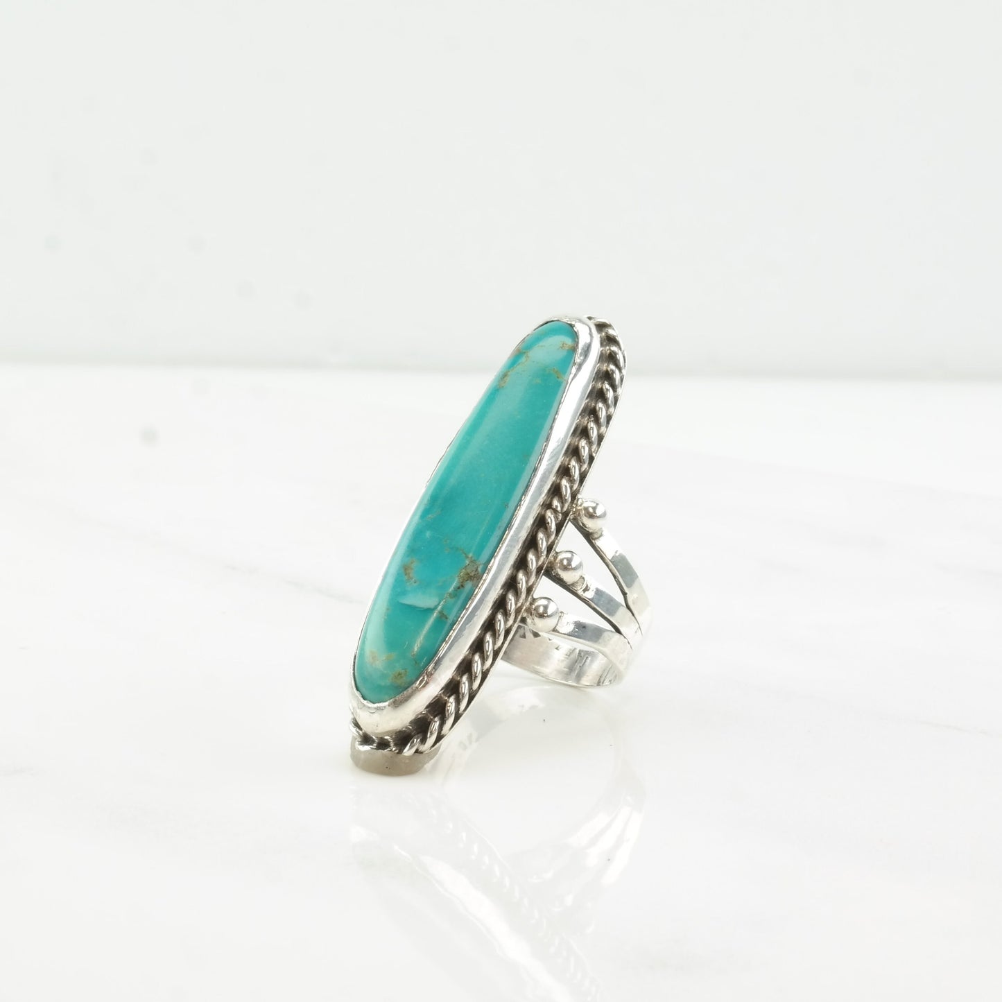 Vintage Southwest Silver Ring Turquoise Navette Long Oval Sterling Size 9 3/4