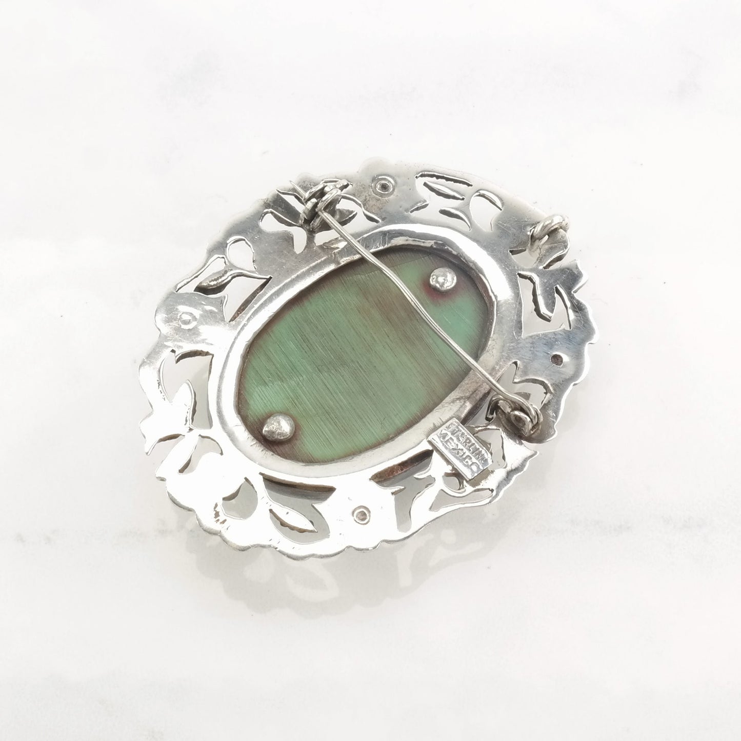 Pre Eagle Taxco Pendant Brooch Faux Turquoise Floral, Bird, Fountain Sterling Silver