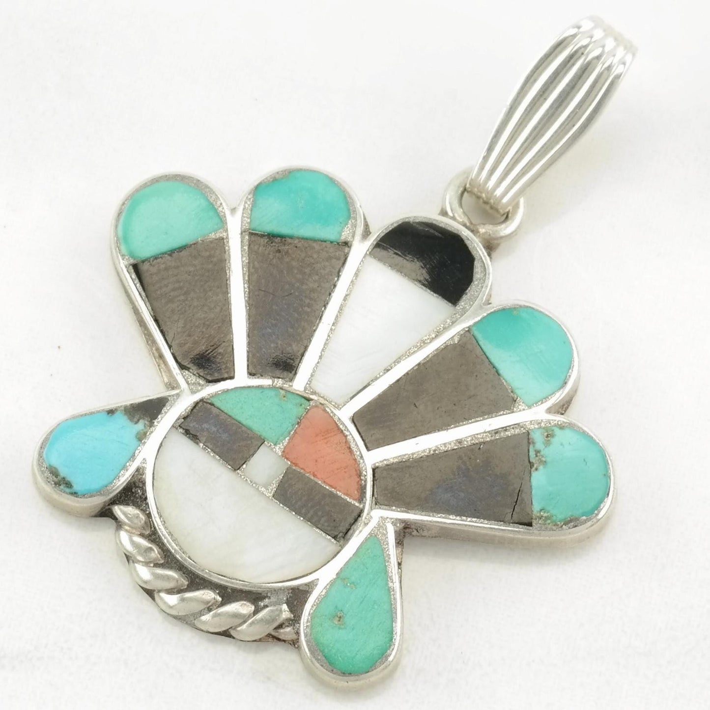 Vintage Native American Multi Gemstone Inlay, Sunface Sterling Silver Pendant