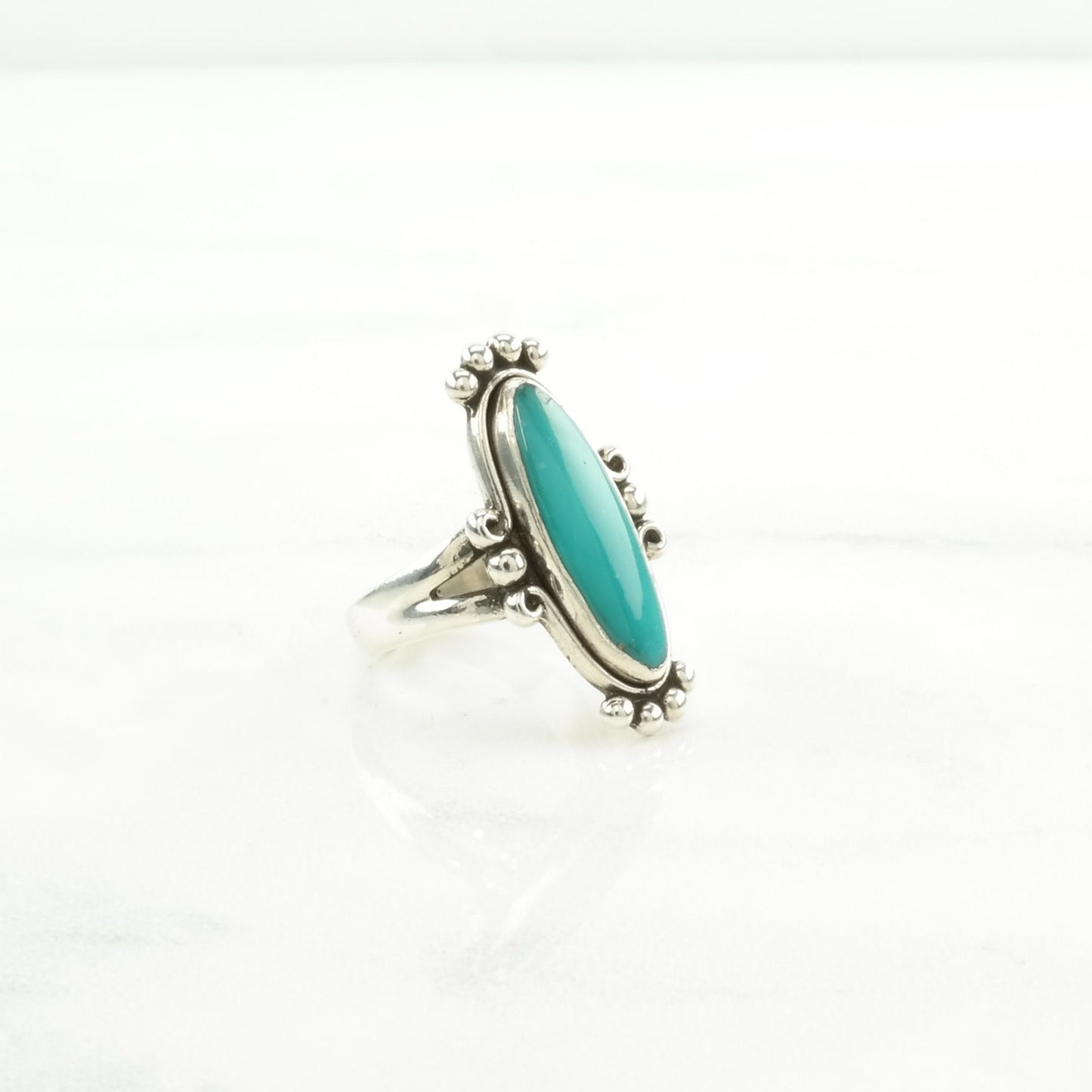 Vintage Fred Harvey Era Silver Ring Turquoise Navette Sterling Blue Size 5