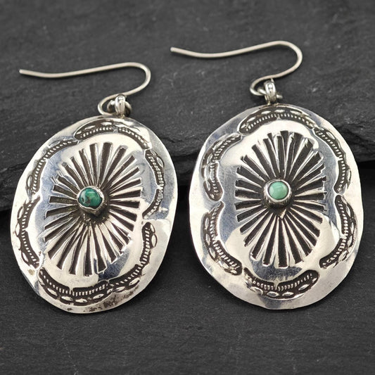 Native American Shield, Stamped Fish Hook Earrings Sterling Silver
